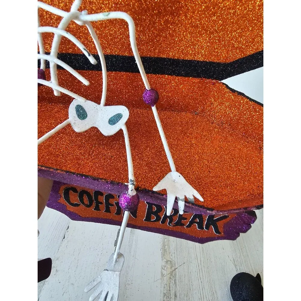 Pier 1 skeleton coffin break glitter RARE Halloween sign hanging decor unique sp